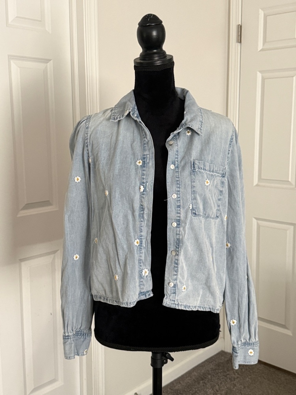 kenzie Light Blue Denim Button-Down Shirt with White Daisy Embroidery